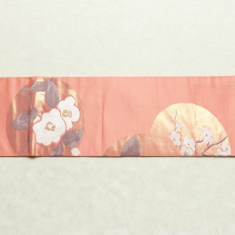 名古屋帯 六通柄 良品 正絹 花柄 名古屋仕立て なごや帯 リサイクル帯 帯 引箔 ピンク_画像13