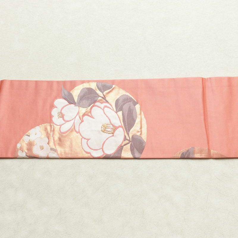 名古屋帯 六通柄 良品 正絹 花柄 名古屋仕立て なごや帯 リサイクル帯 帯 引箔 ピンク_画像14