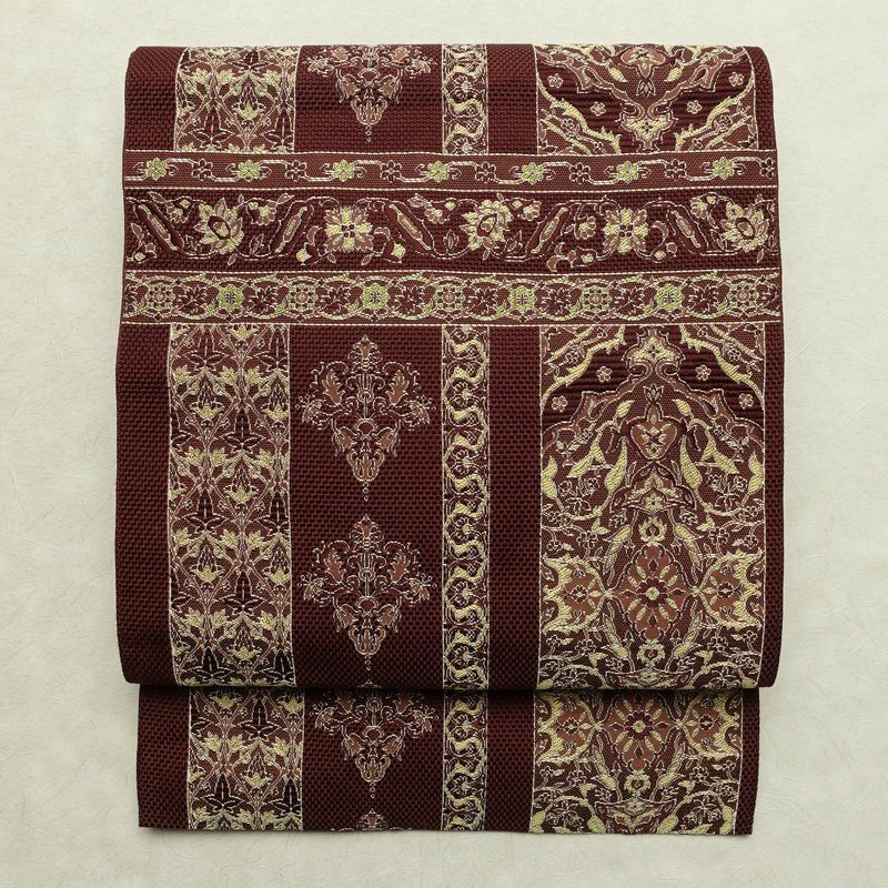 名古屋帯 六通柄 正絹 幾何学柄・抽象柄 松葉仕立て なごや帯 リサイクル帯 帯 茶_画像1