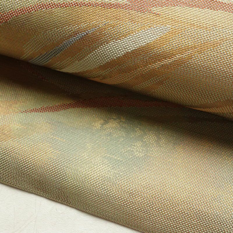 名古屋帯 六通柄 良品 正絹 幾何学柄・抽象柄 名古屋仕立て なごや帯 リサイクル帯 帯 箔 緑・うぐいす色_画像8