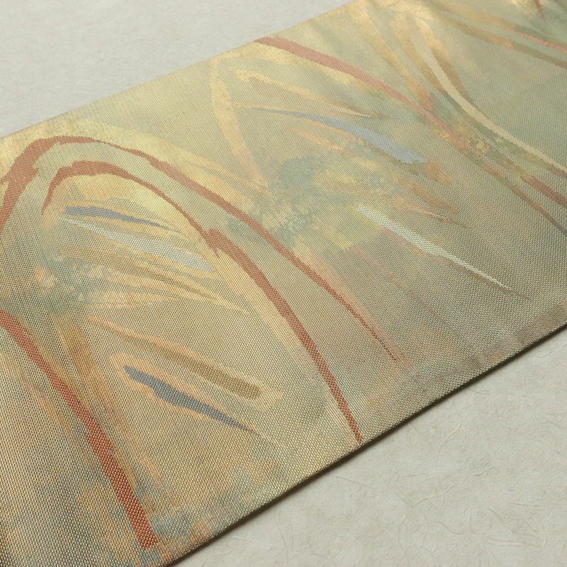 名古屋帯 六通柄 良品 正絹 幾何学柄・抽象柄 名古屋仕立て なごや帯 リサイクル帯 帯 箔 緑・うぐいす色_画像11