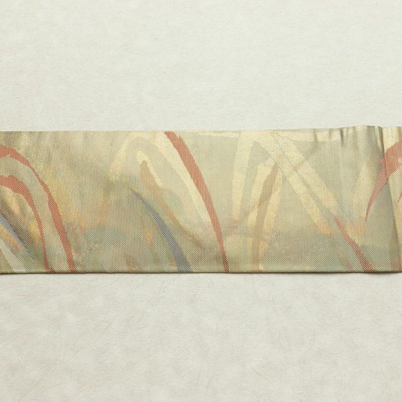 名古屋帯 六通柄 良品 正絹 幾何学柄・抽象柄 名古屋仕立て なごや帯 リサイクル帯 帯 箔 緑・うぐいす色_画像12