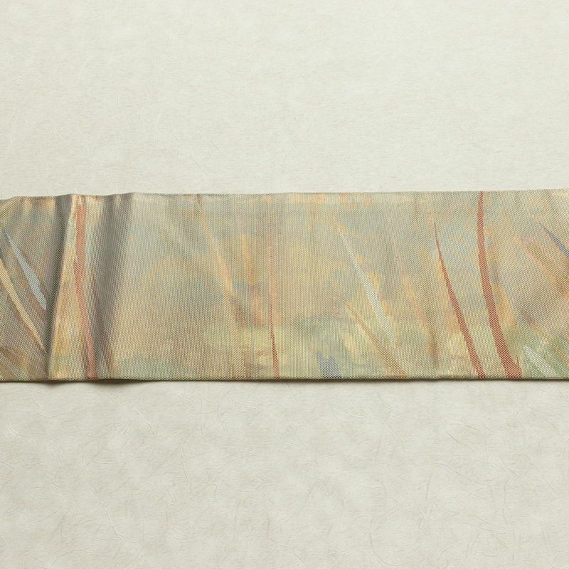 名古屋帯 六通柄 良品 正絹 幾何学柄・抽象柄 名古屋仕立て なごや帯 リサイクル帯 帯 箔 緑・うぐいす色_画像13
