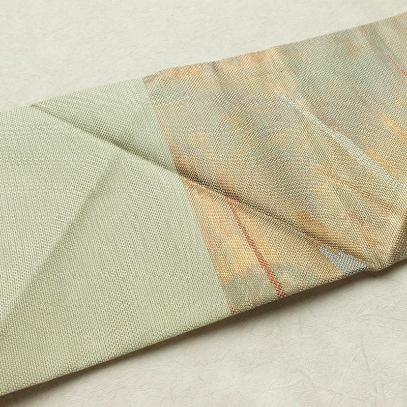 名古屋帯 六通柄 良品 正絹 幾何学柄・抽象柄 名古屋仕立て なごや帯 リサイクル帯 帯 箔 緑・うぐいす色_画像14