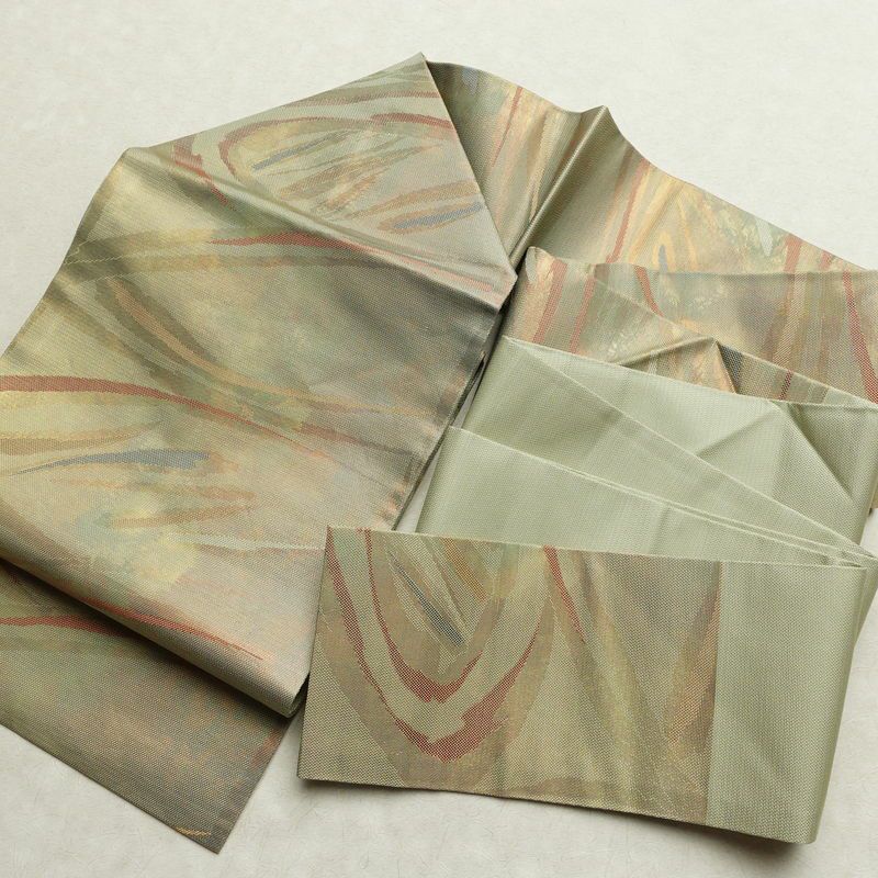 名古屋帯 六通柄 良品 正絹 幾何学柄・抽象柄 名古屋仕立て なごや帯 リサイクル帯 帯 箔 緑・うぐいす色_画像16