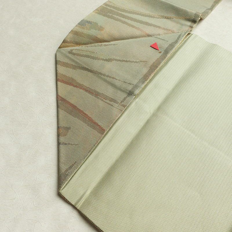 名古屋帯 六通柄 良品 正絹 幾何学柄・抽象柄 名古屋仕立て なごや帯 リサイクル帯 帯 箔 緑・うぐいす色_画像18