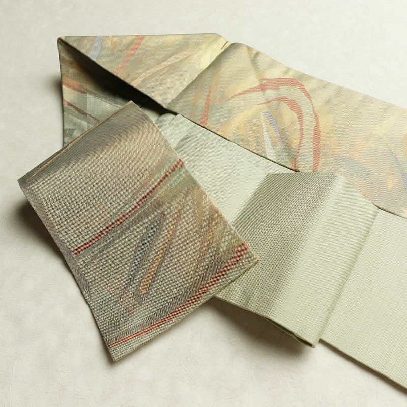 名古屋帯 六通柄 良品 正絹 幾何学柄・抽象柄 名古屋仕立て なごや帯 リサイクル帯 帯 箔 緑・うぐいす色_画像21