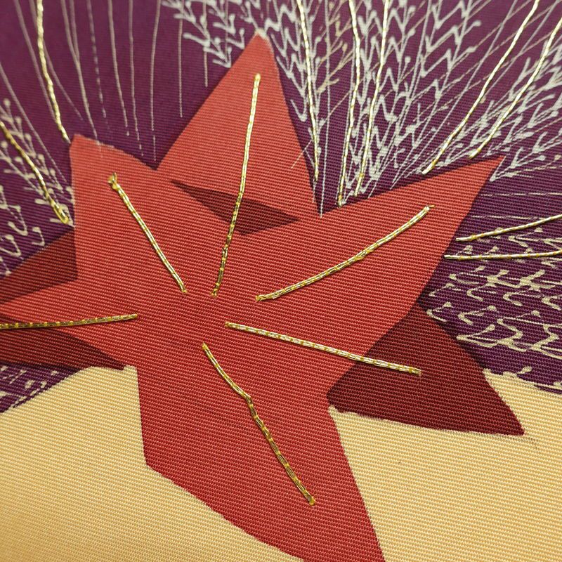 名古屋帯 太鼓柄 正絹 木の葉・植物柄 名古屋仕立て なごや帯 リサイクル帯 帯 金糸 紅葉 黄・黄土色_画像3