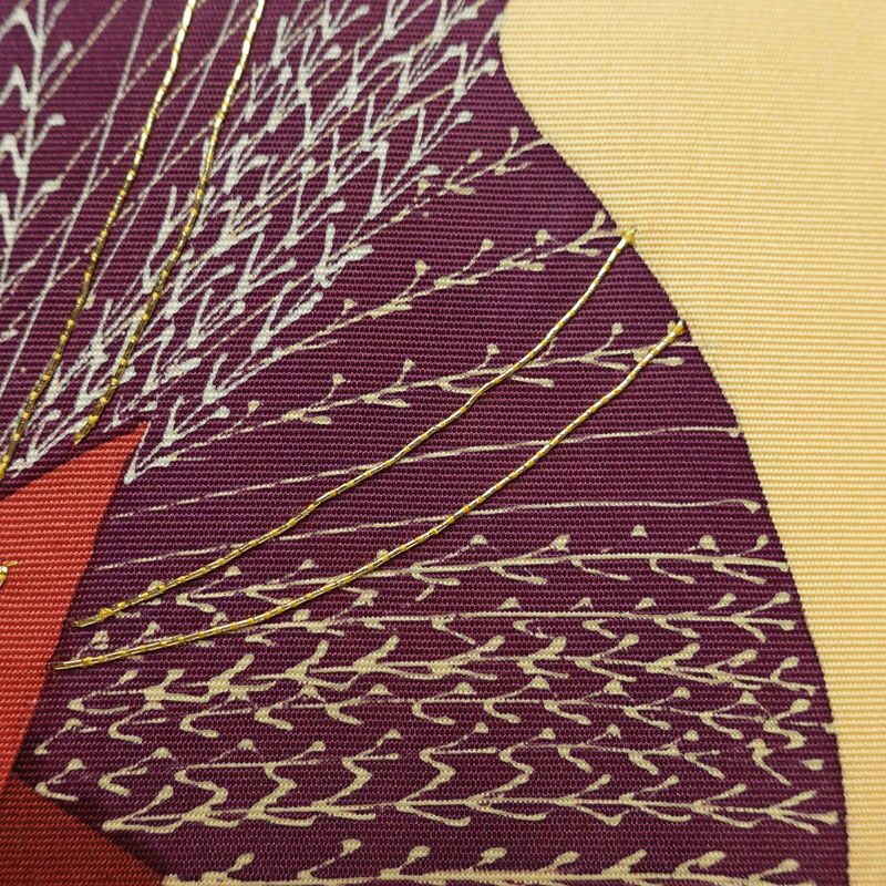 名古屋帯 太鼓柄 正絹 木の葉・植物柄 名古屋仕立て なごや帯 リサイクル帯 帯 金糸 紅葉 黄・黄土色_画像4