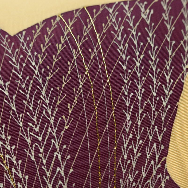 名古屋帯 太鼓柄 正絹 木の葉・植物柄 名古屋仕立て なごや帯 リサイクル帯 帯 金糸 紅葉 黄・黄土色_画像5