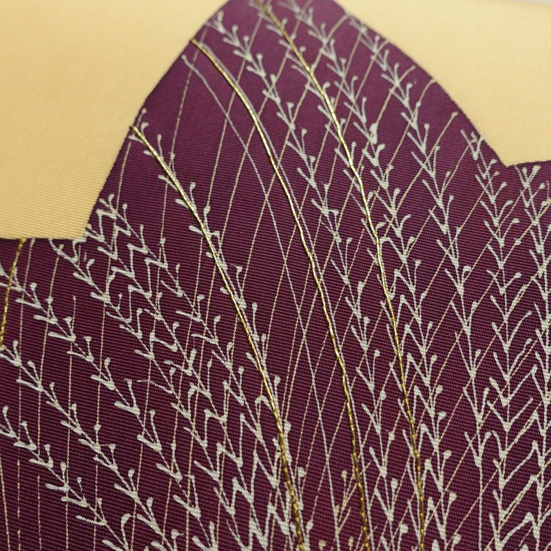 名古屋帯 太鼓柄 正絹 木の葉・植物柄 名古屋仕立て なごや帯 リサイクル帯 帯 金糸 紅葉 黄・黄土色_画像6