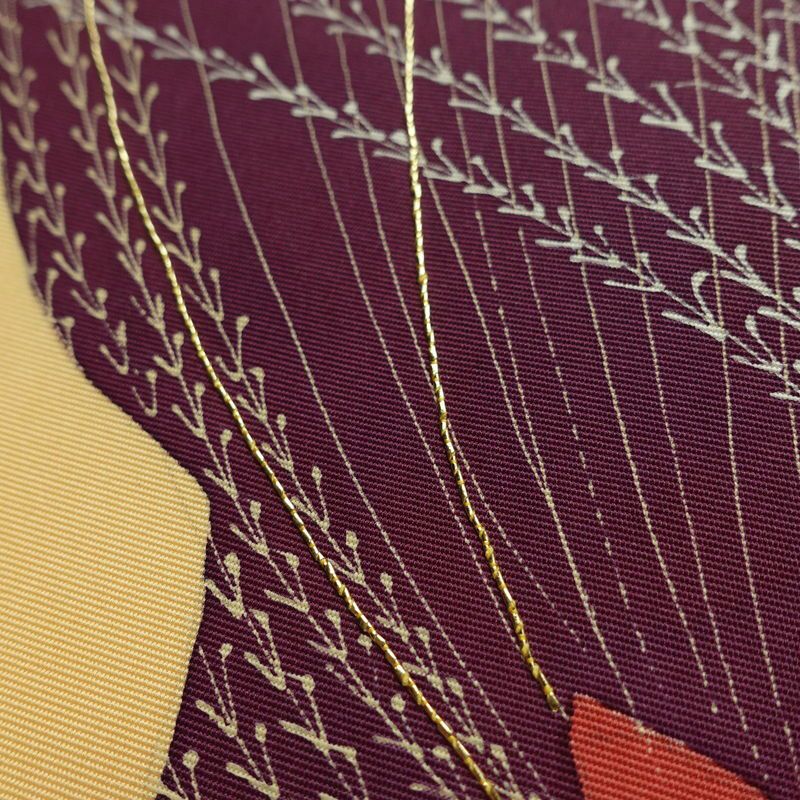 名古屋帯 太鼓柄 正絹 木の葉・植物柄 名古屋仕立て なごや帯 リサイクル帯 帯 金糸 紅葉 黄・黄土色_画像7