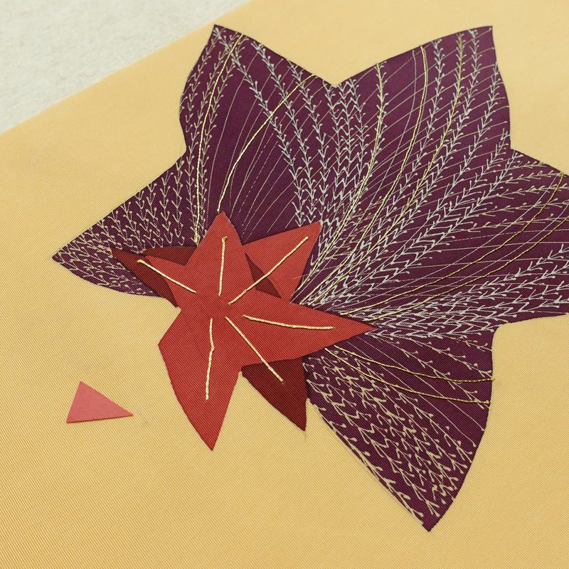 名古屋帯 太鼓柄 正絹 木の葉・植物柄 名古屋仕立て なごや帯 リサイクル帯 帯 金糸 紅葉 黄・黄土色_画像9