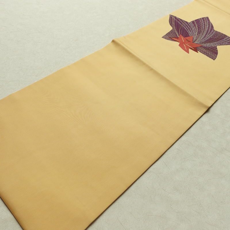 名古屋帯 太鼓柄 正絹 木の葉・植物柄 名古屋仕立て なごや帯 リサイクル帯 帯 金糸 紅葉 黄・黄土色_画像11