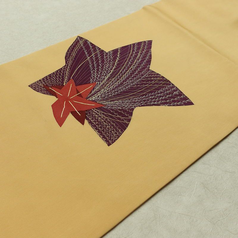 名古屋帯 太鼓柄 正絹 木の葉・植物柄 名古屋仕立て なごや帯 リサイクル帯 帯 金糸 紅葉 黄・黄土色_画像13