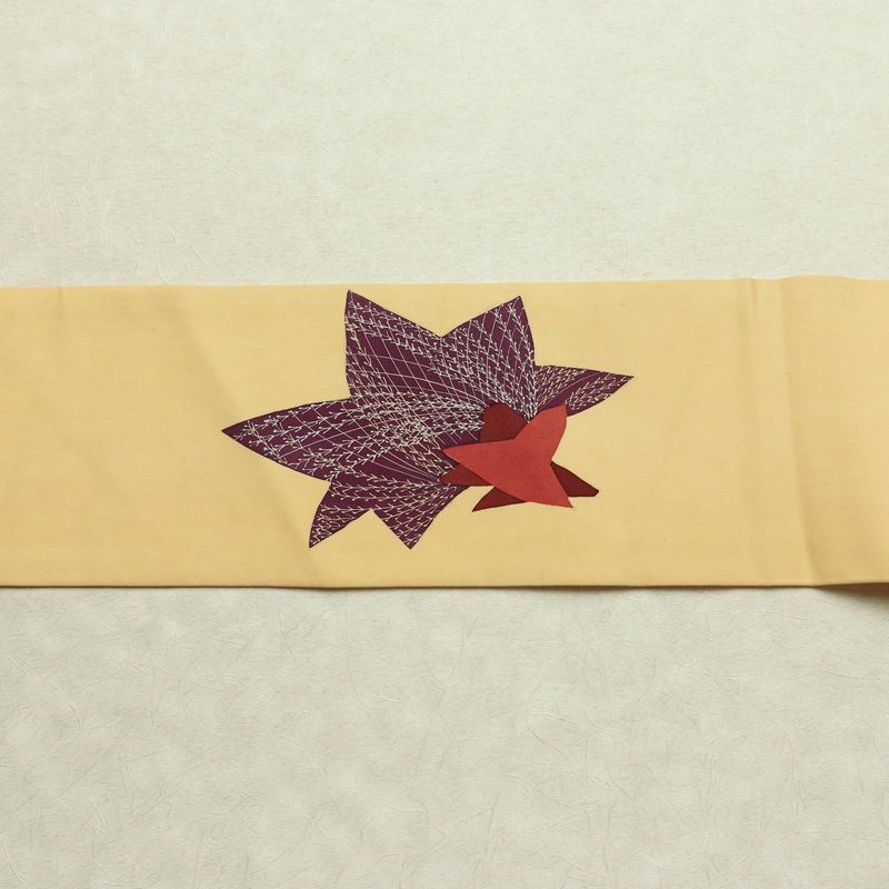 名古屋帯 太鼓柄 正絹 木の葉・植物柄 名古屋仕立て なごや帯 リサイクル帯 帯 金糸 紅葉 黄・黄土色_画像14