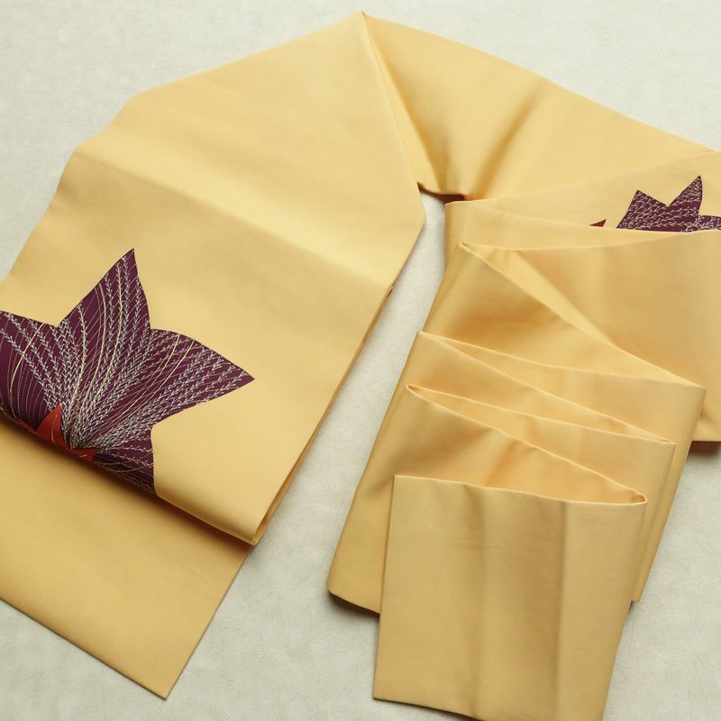 名古屋帯 太鼓柄 正絹 木の葉・植物柄 名古屋仕立て なごや帯 リサイクル帯 帯 金糸 紅葉 黄・黄土色_画像19