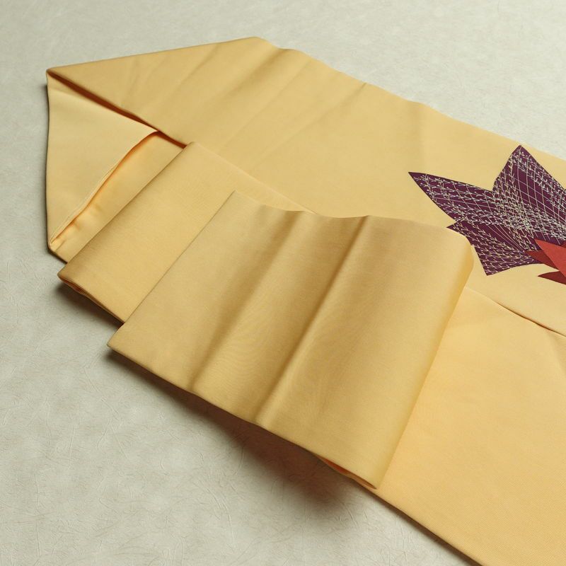 名古屋帯 太鼓柄 正絹 木の葉・植物柄 名古屋仕立て なごや帯 リサイクル帯 帯 金糸 紅葉 黄・黄土色_画像21