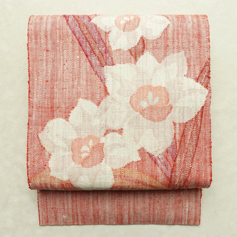 名古屋帯 太鼓柄 良品 正絹 花柄 松葉仕立て なごや帯 リサイクル帯 帯 紬地 赤・朱_画像1