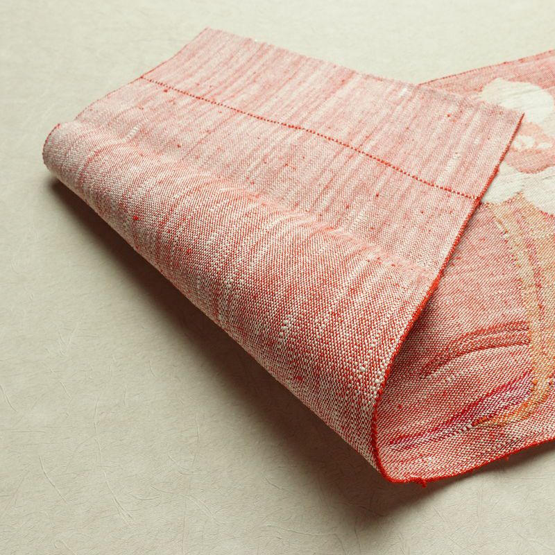 名古屋帯 太鼓柄 良品 正絹 花柄 松葉仕立て なごや帯 リサイクル帯 帯 紬地 赤・朱_画像10