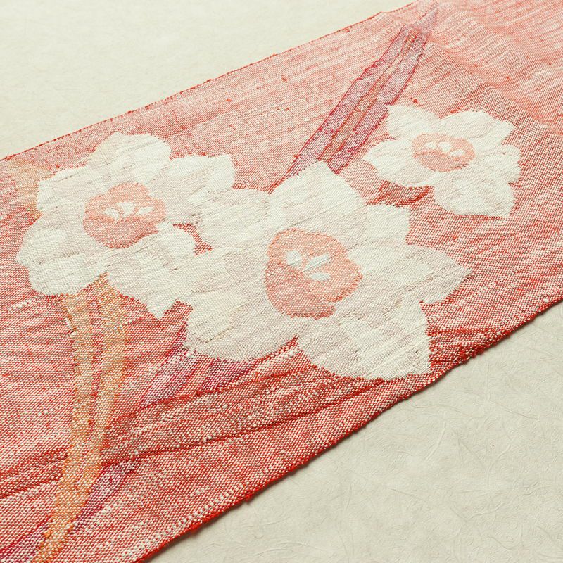 名古屋帯 太鼓柄 良品 正絹 花柄 松葉仕立て なごや帯 リサイクル帯 帯 紬地 赤・朱_画像12