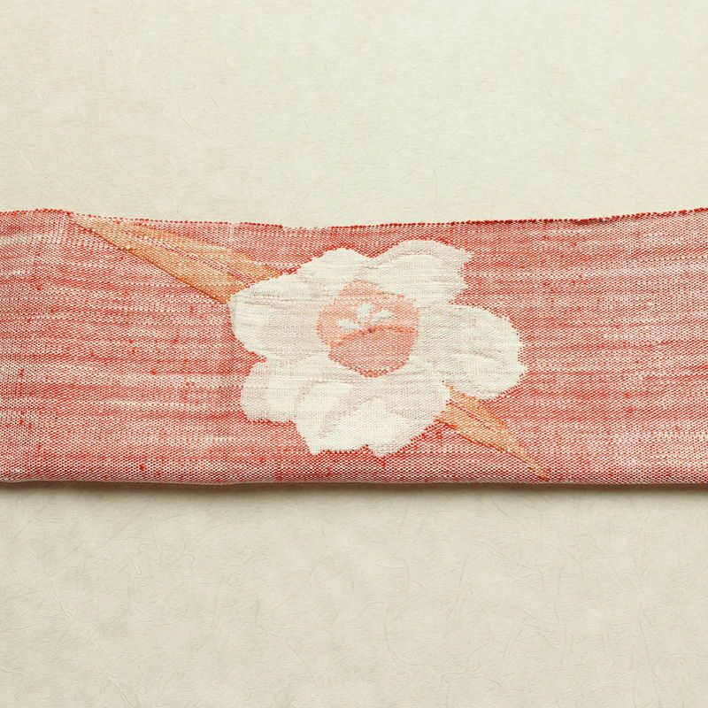 名古屋帯 太鼓柄 良品 正絹 花柄 松葉仕立て なごや帯 リサイクル帯 帯 紬地 赤・朱_画像14