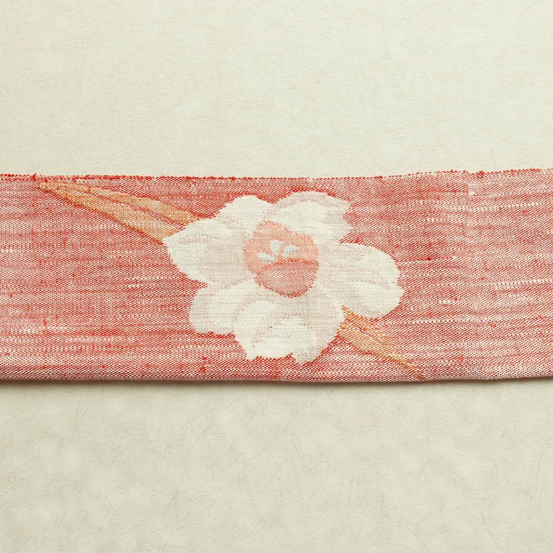 名古屋帯 太鼓柄 良品 正絹 花柄 松葉仕立て なごや帯 リサイクル帯 帯 紬地 赤・朱_画像15