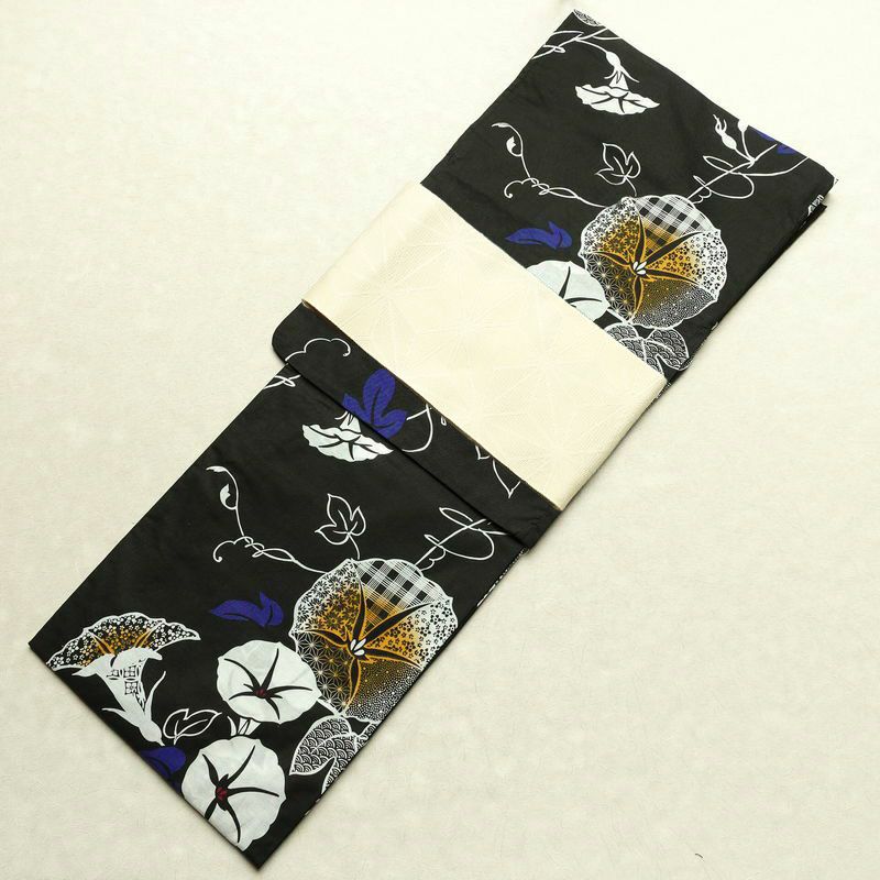 新品 浴衣 帯 2点セット 女性用 綿 平織 古典柄 浴衣 半幅帯 未使用品 朝顔 黒_画像1