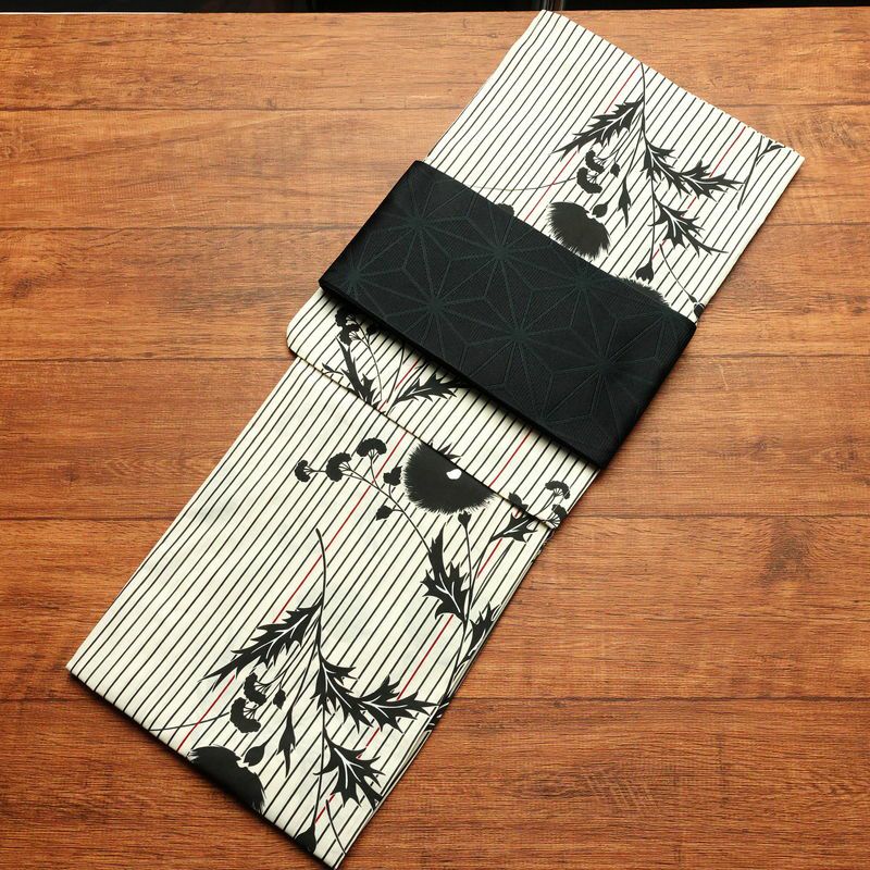 [訳あり]新品 浴衣 帯 2点セット 女性用 綿 平織 古典柄 浴衣 半幅帯 未使用品 アザミ 黒 生成り_画像1