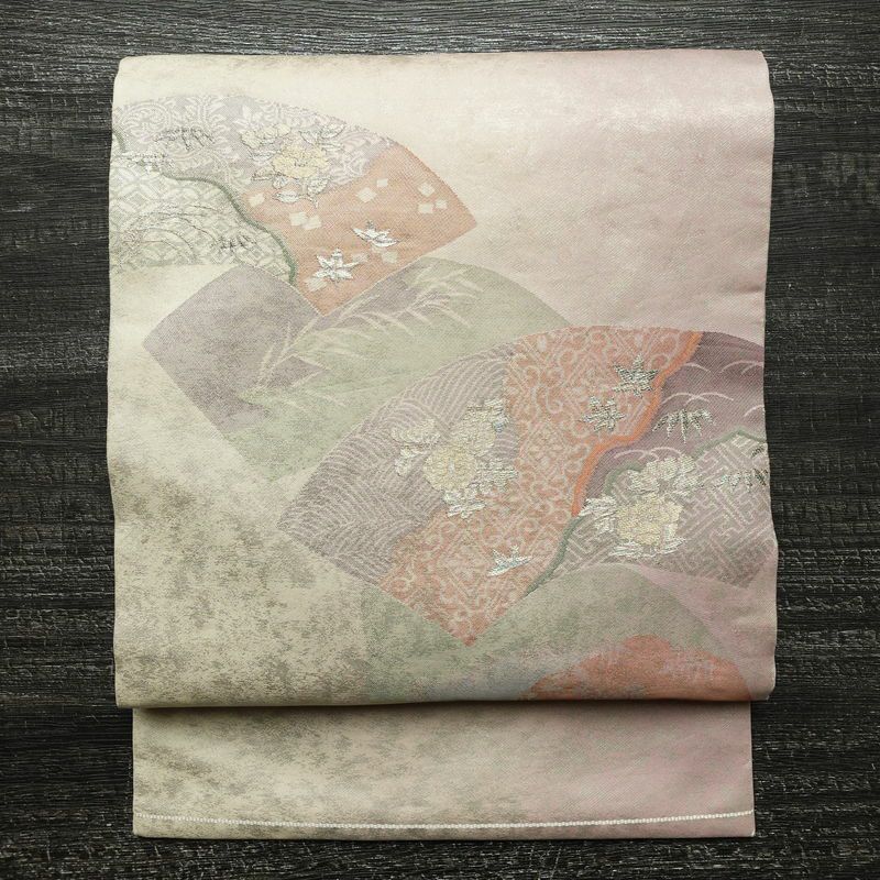 名古屋帯 太鼓柄 正絹 古典柄 名古屋仕立て なごや帯 リサイクル帯 帯 箔 扇面 紫・藤色_画像1