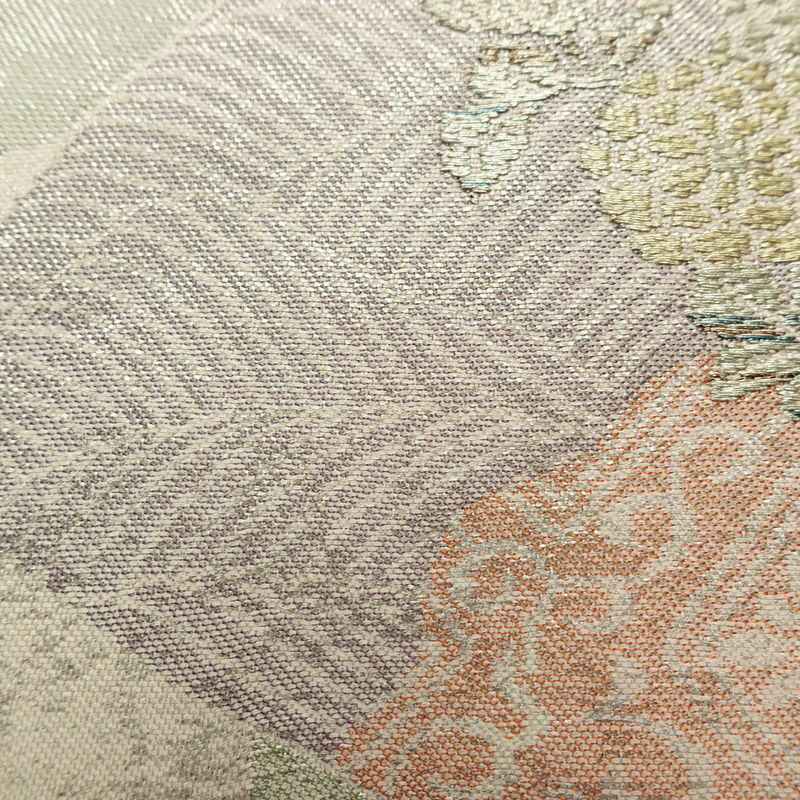 名古屋帯 太鼓柄 正絹 古典柄 名古屋仕立て なごや帯 リサイクル帯 帯 箔 扇面 紫・藤色_画像6