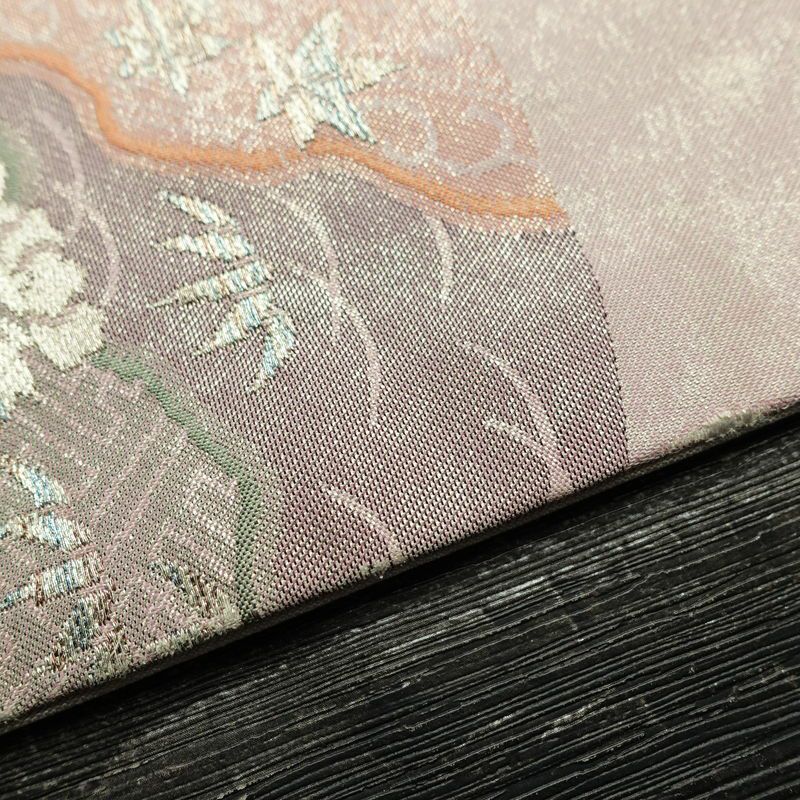 名古屋帯 太鼓柄 正絹 古典柄 名古屋仕立て なごや帯 リサイクル帯 帯 箔 扇面 紫・藤色_画像11