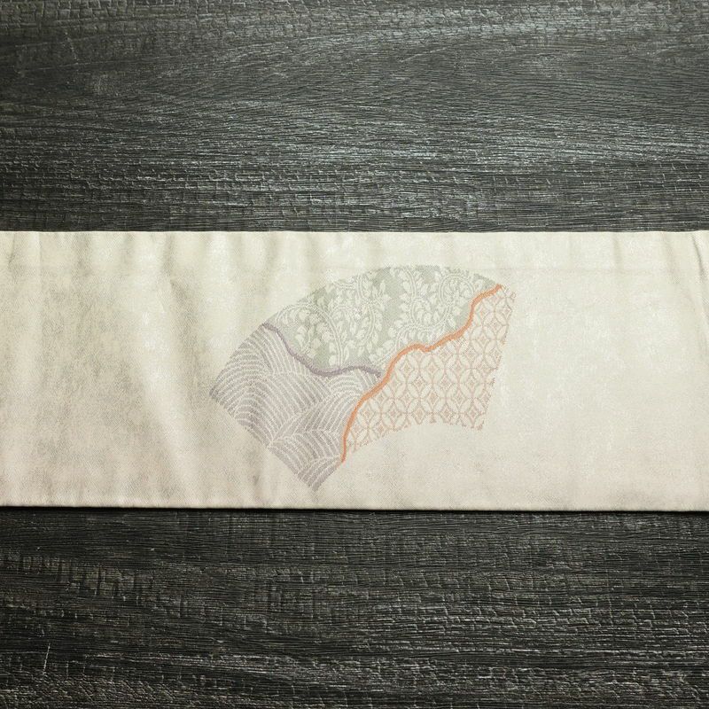 名古屋帯 太鼓柄 正絹 古典柄 名古屋仕立て なごや帯 リサイクル帯 帯 箔 扇面 紫・藤色_画像12