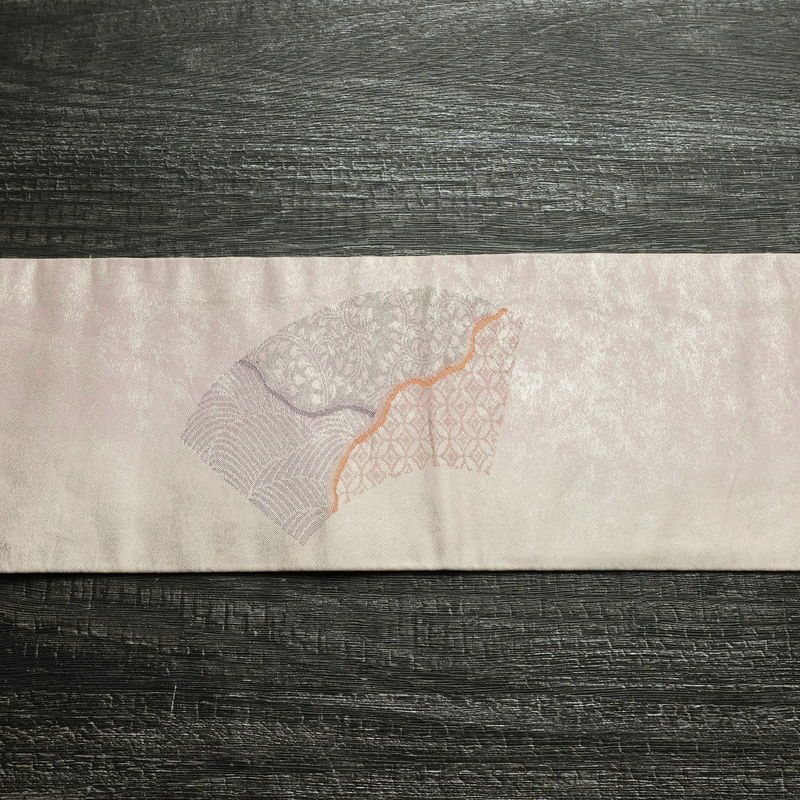 名古屋帯 太鼓柄 正絹 古典柄 名古屋仕立て なごや帯 リサイクル帯 帯 箔 扇面 紫・藤色_画像13