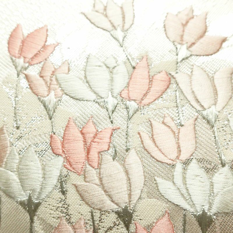 名古屋帯 太鼓柄 正絹 名古屋仕立て なごや帯 リサイクル帯 帯 刺繍 箔 銀糸 上品 ピンク_画像4