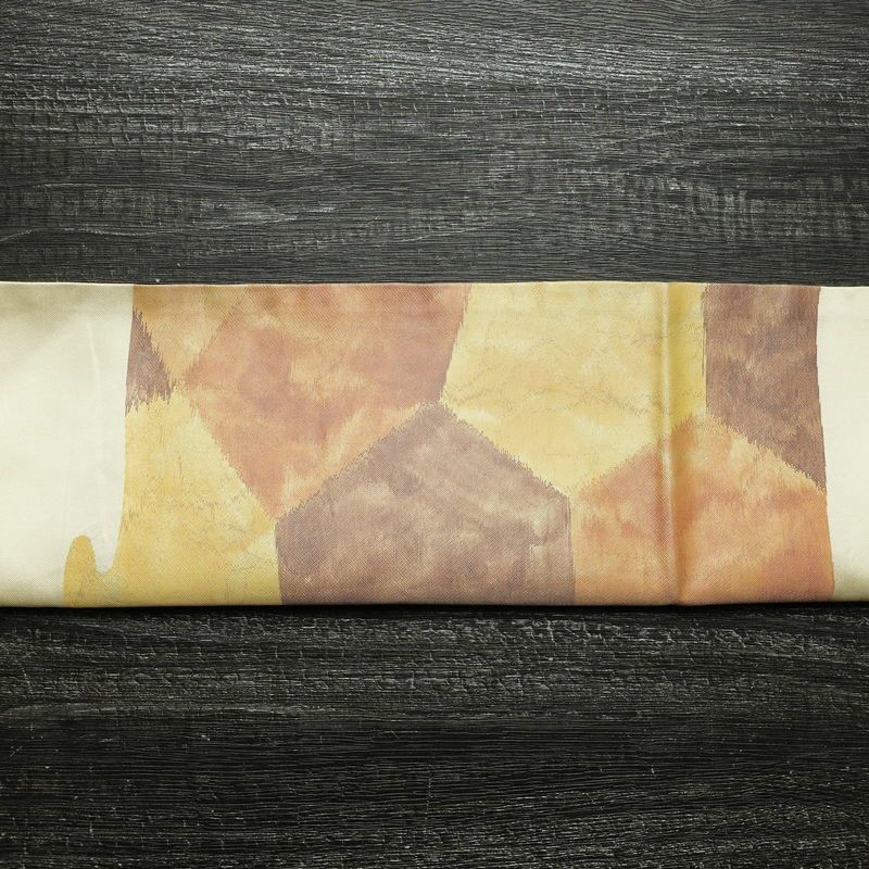 名古屋帯 太鼓柄 正絹 亀甲柄 通し仕立て なごや帯 リサイクル帯 帯 クリーム_画像14