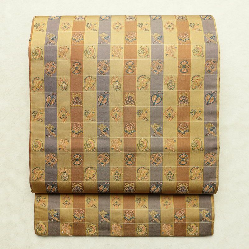 名古屋帯 全通柄 正絹 チェック・格子柄 通し仕立て なごや帯 リサイクル帯 帯 カジュアル 黄・黄土色_画像1