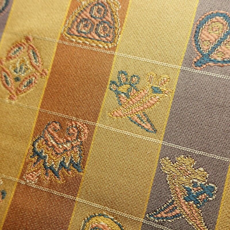 名古屋帯 全通柄 正絹 チェック・格子柄 通し仕立て なごや帯 リサイクル帯 帯 カジュアル 黄・黄土色_画像6