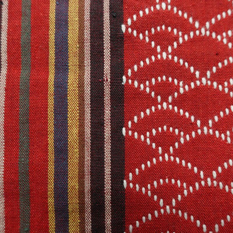 名古屋帯 全通柄 良品 正絹 縞柄・線柄 通し仕立て なごや帯 リサイクル帯 帯 カジュアル 赤・朱_画像4