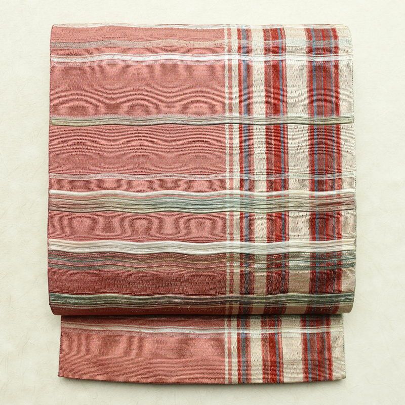 名古屋帯 六通柄 良品 正絹 縞柄・線柄 通し仕立て なごや帯 リサイクル帯 帯 カジュアル ピンク_画像1