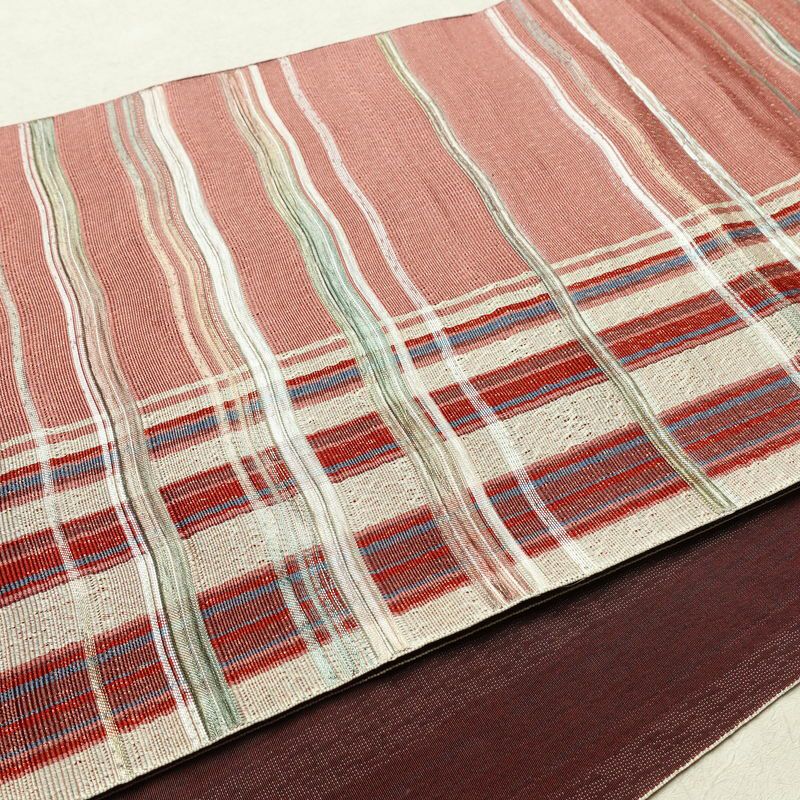 名古屋帯 六通柄 良品 正絹 縞柄・線柄 通し仕立て なごや帯 リサイクル帯 帯 カジュアル ピンク_画像12