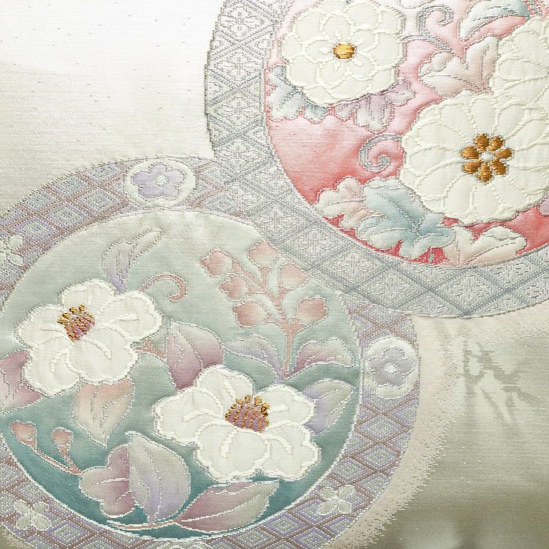 名古屋帯 太鼓柄 正絹 花柄 名古屋仕立て なごや帯 リサイクル帯 帯 箔 ピンク_画像2