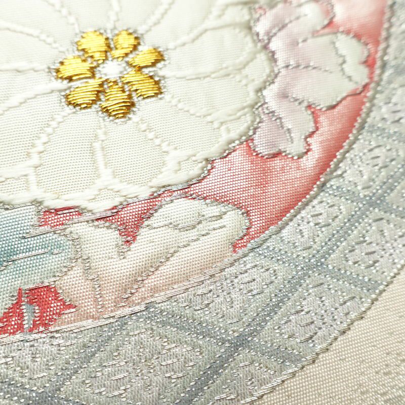 名古屋帯 太鼓柄 正絹 花柄 名古屋仕立て なごや帯 リサイクル帯 帯 箔 ピンク_画像5