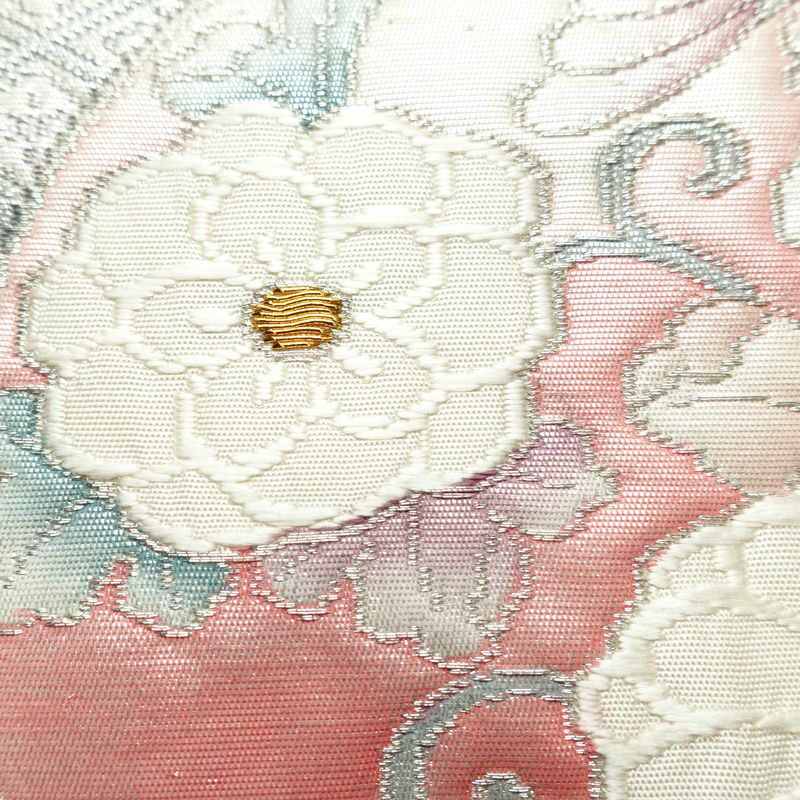 名古屋帯 太鼓柄 正絹 花柄 名古屋仕立て なごや帯 リサイクル帯 帯 箔 ピンク_画像6