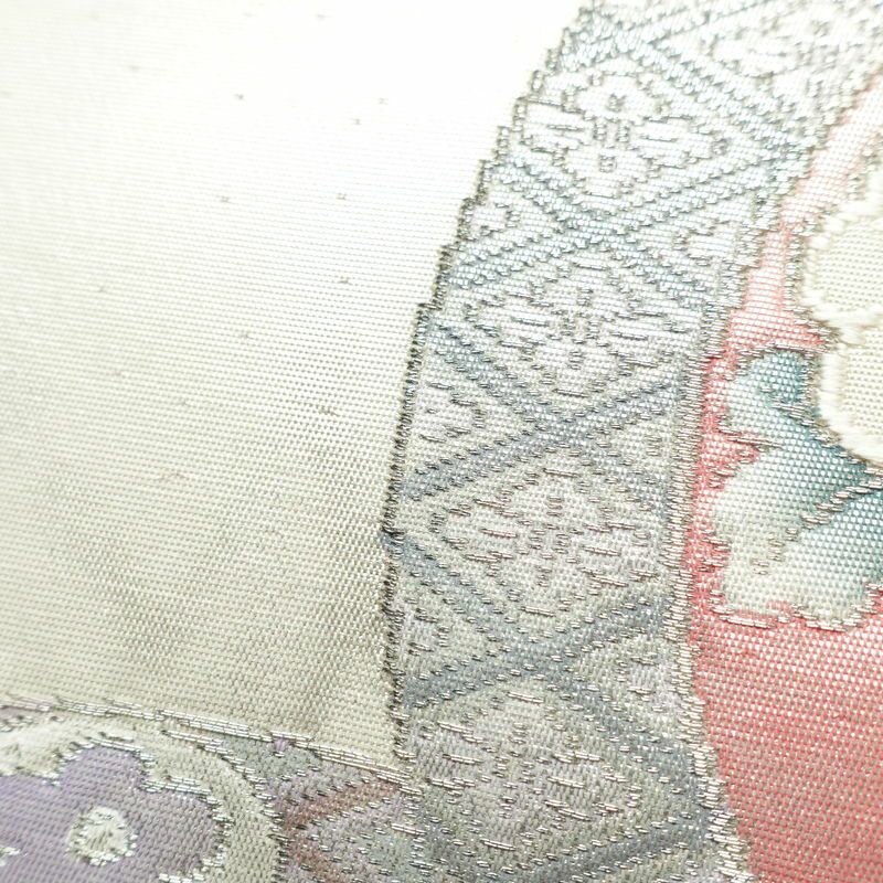 名古屋帯 太鼓柄 正絹 花柄 名古屋仕立て なごや帯 リサイクル帯 帯 箔 ピンク_画像7