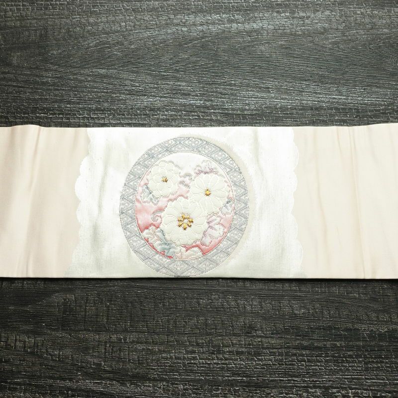 名古屋帯 太鼓柄 正絹 花柄 名古屋仕立て なごや帯 リサイクル帯 帯 箔 ピンク_画像12