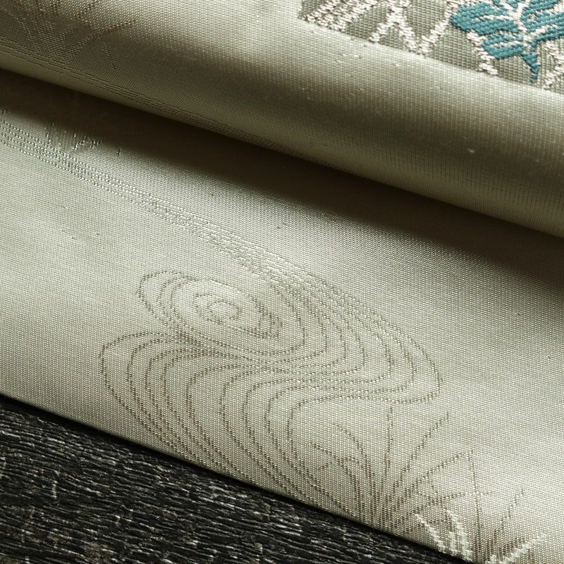 名古屋帯 プラチナ箔 太鼓柄 良品 正絹 花柄 名古屋仕立て なごや帯 リサイクル帯 帯 箔 上品 金・銀_画像7