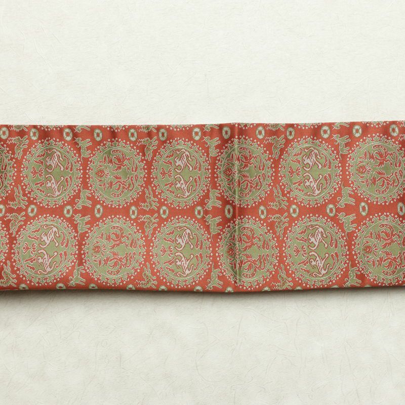 名古屋帯 全通柄 良品 正絹 幾何学柄・抽象柄 通し仕立て なごや帯 リサイクル帯 帯 カジュアル 赤・朱_画像10