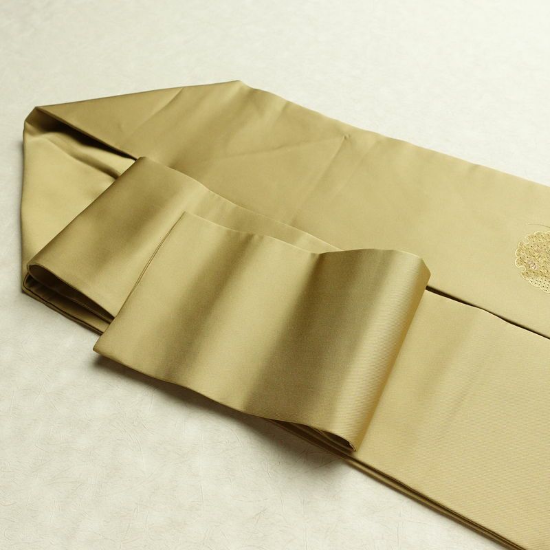 名古屋帯 太鼓柄 美品 スワトウ刺繍 正絹 木の葉・植物柄 名古屋仕立て なごや帯 リサイクル帯 帯 刺繍 シンプル おしゃれ 黄・黄土色_画像20