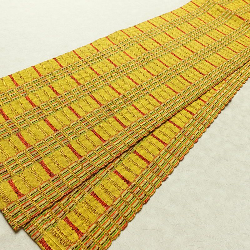 名古屋帯 全通柄 良品 正絹 縞柄・線柄 通し仕立て なごや帯 リサイクル帯 帯 カジュアル 黄・黄土色_画像7